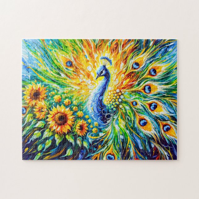 Quebra-cabeça Pavão Abstrato com Girassóis em Pintura (Horizontal)