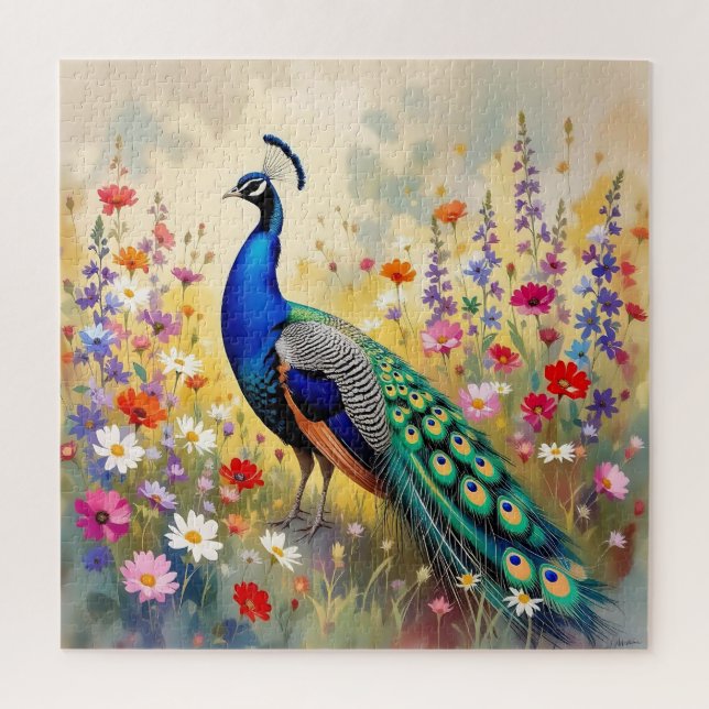 Quebra-cabeça Pavão Azul e Turquesa em Flores (Vertical)