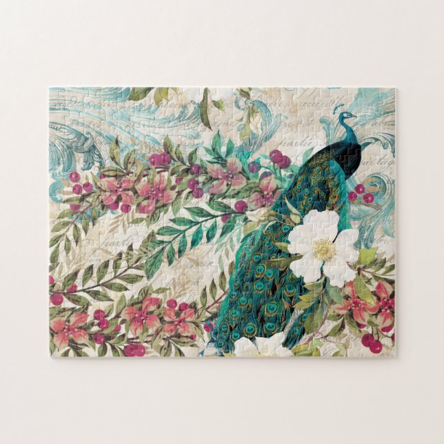 Quebra-cabeça Pavão e Flores Ilustrados Antigos com Efeito Grung (Horizontal)