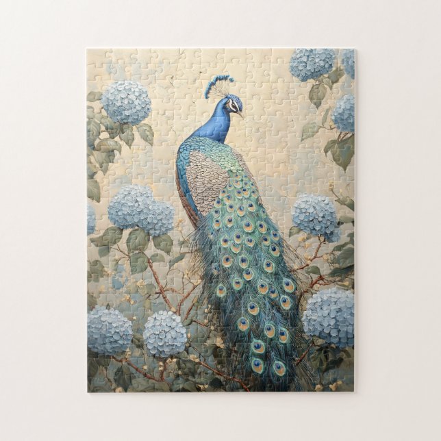 Quebra-cabeça Pavão Elegante com Hidrangeas Azuis Pintura a Óleo (Vertical)