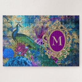 Quebra-cabeça Pavão Elegante Vintage Roxo Azul Monograma