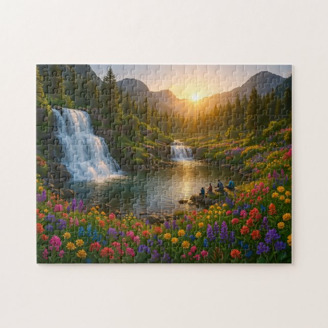 Quebra-cabeça Peaceful Mountain Waterfall Puzzle with Sunrise  (Horizontal)