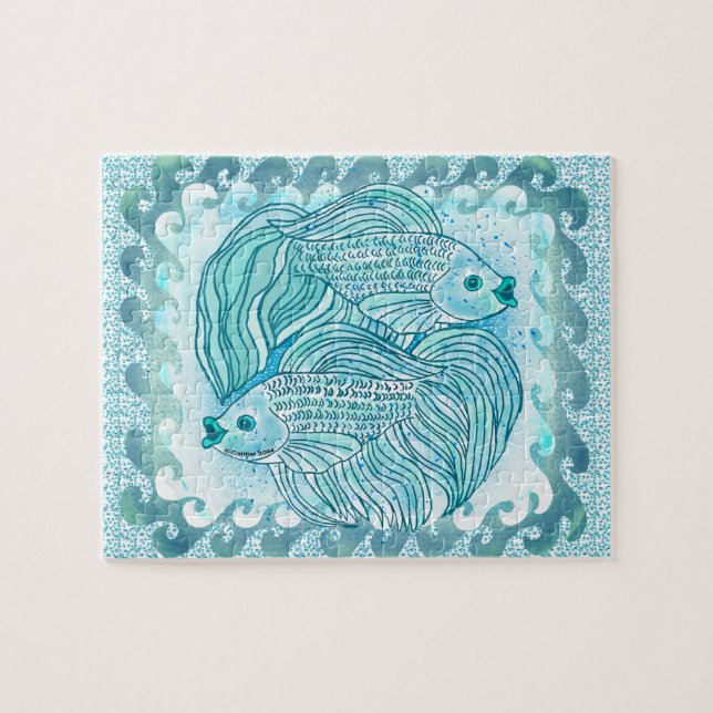 Quebra-cabeça Peixe Koi Azul Yin Yang (Horizontal)