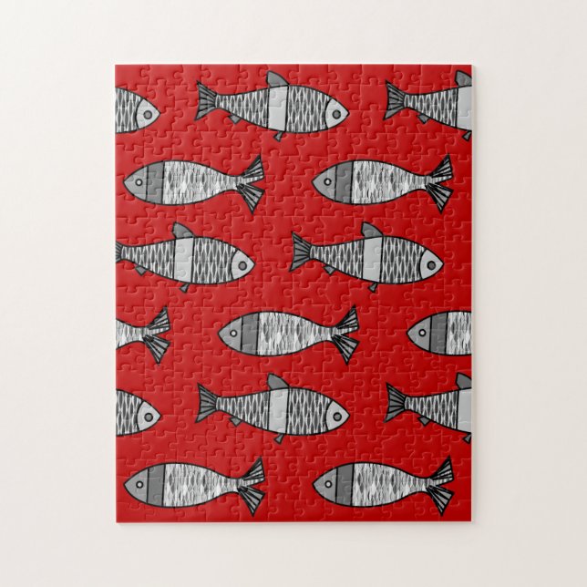 Quebra-cabeça Peixe Moderno Retroativo, Vermelho Profundo e Cinz (Vertical)