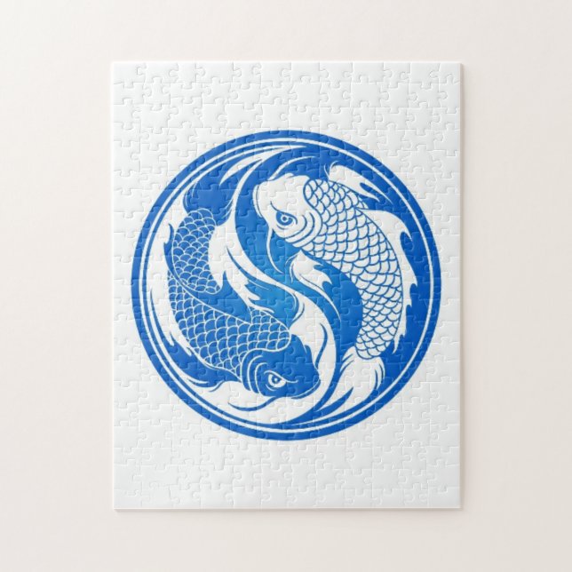 Quebra-cabeça Peixes azuis e brancos de Yin Yang Koi (Vertical)