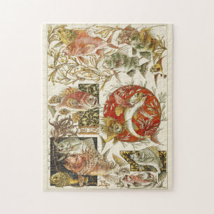 Quebra-cabeça Peixes de safra coloridos, art nouveau vida marinh