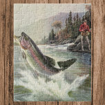 Quebra-cabeça Peixes De Trutas Arco-Íris Vintage, Pesca Pescador<br><div class="desc">Ilustração Vintage design desportiva com pescador pescando num rio. Uma truta arco-íris está saltando e saltando da água.</div>