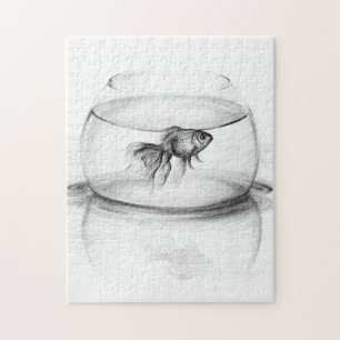 Quebra-cabeça Peixes dourados em uma tigela e água Pencil desen