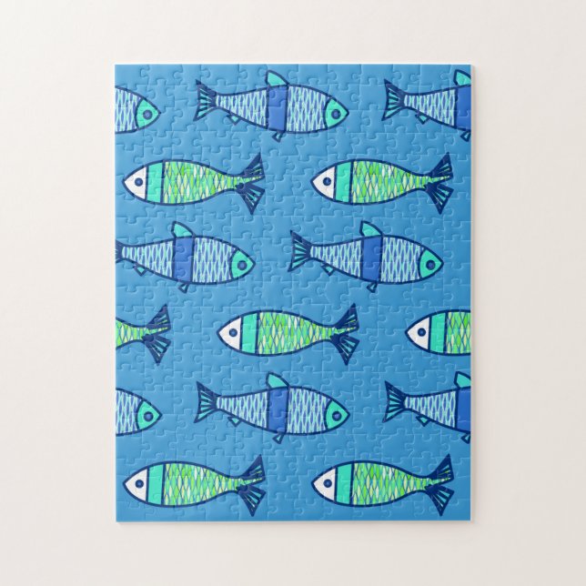 Quebra-cabeça Peixes Modernos Retro, Turquesa e Azul Ceruleu (Vertical)
