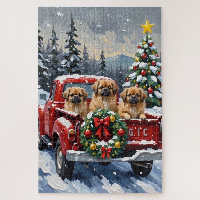 Quebra-cabeça Pekingese Christmas Red Truck Holiday (Vertical)