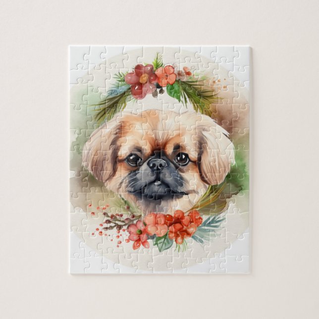 Quebra-cabeça Pekingese Christmas Wreath Festivo Pup (Vertical)