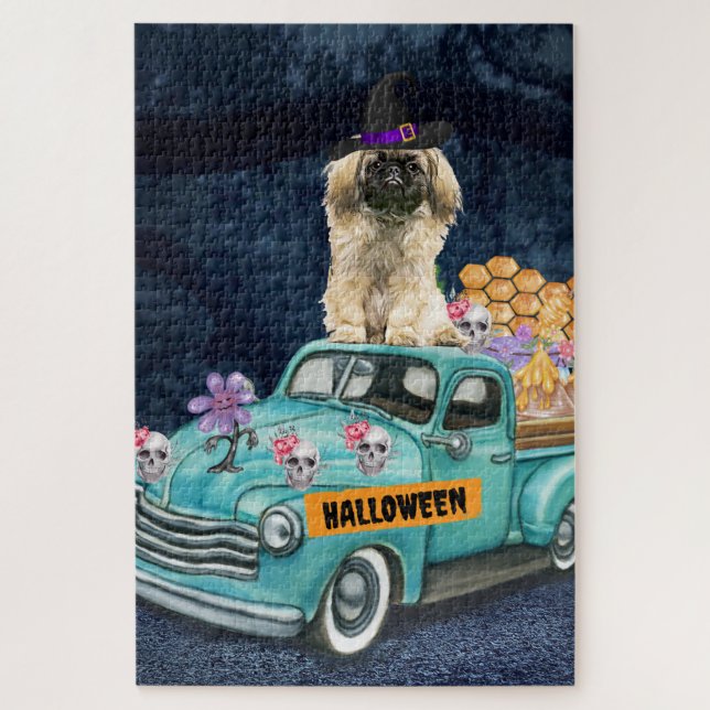 Quebra-cabeça Pekingese Dog Halloween Truck Noite Assustadora (Vertical)