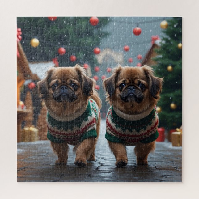Quebra-cabeça Pekingese Dogs Christmas Snow Holiday (Vertical)