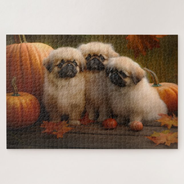 Quebra-cabeça Pekingese Puppy Autumn Delight Pumpkin (Horizontal)
