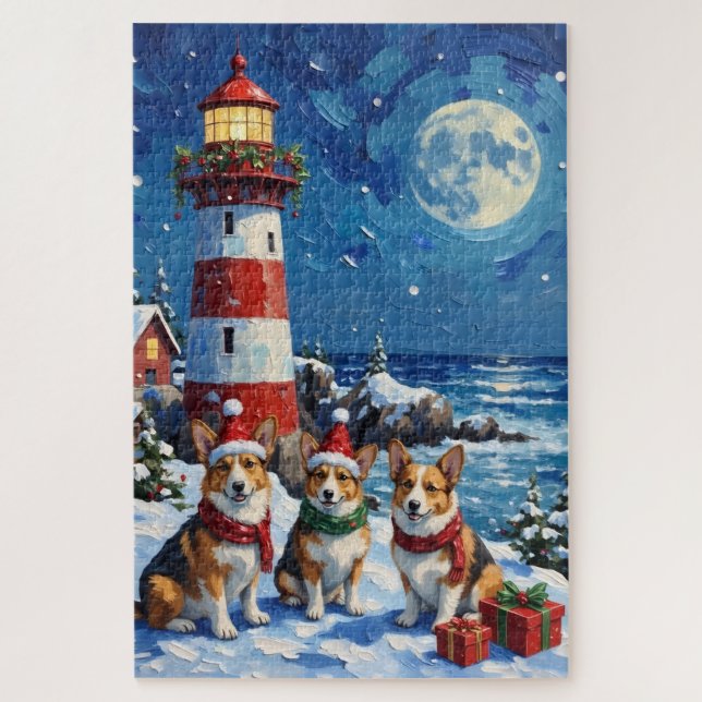 Quebra-cabeça Pembroke Welsh Corgi Christmas Lighthouse Holiday (Vertical)