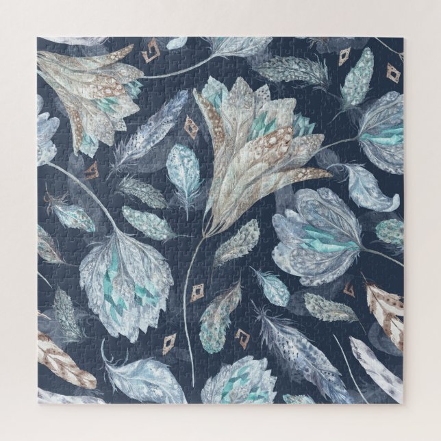 Quebra-cabeça Penas Chic Boho Flores: Azul Escuro-Aquarela P (Vertical)