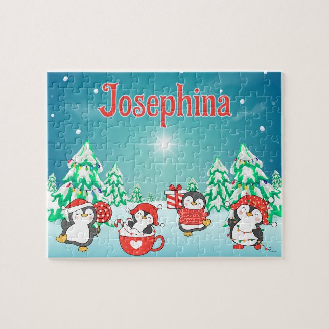 Quebra-cabeça Penguin Custom Christmas Child Name Puzzle  (Horizontal)