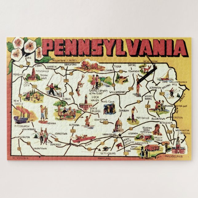 Quebra-cabeça  Pennsylvania Postcard Map Puzzle (Horizontal)