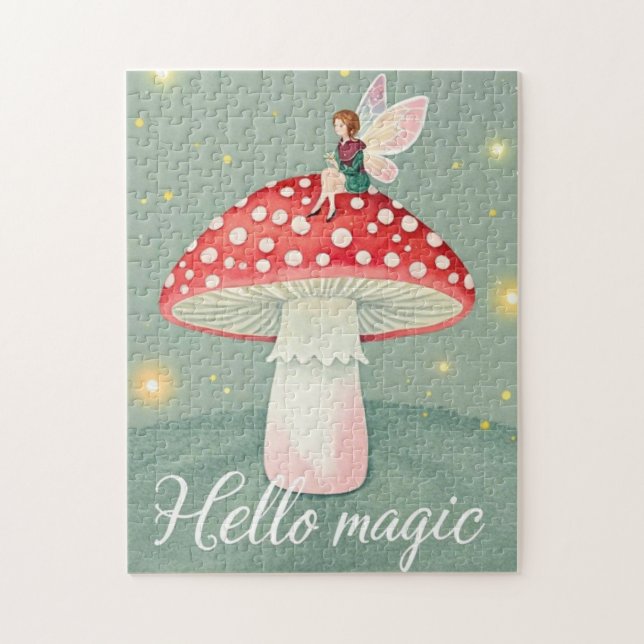 Quebra-cabeça Pequena fada empoleirada sobre o cogumelo e brilha (Vertical)