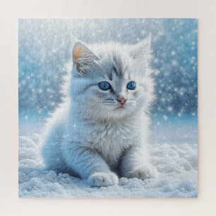 Quebra-cabeça Pequeno Gatinho Branco no Natal da Neve