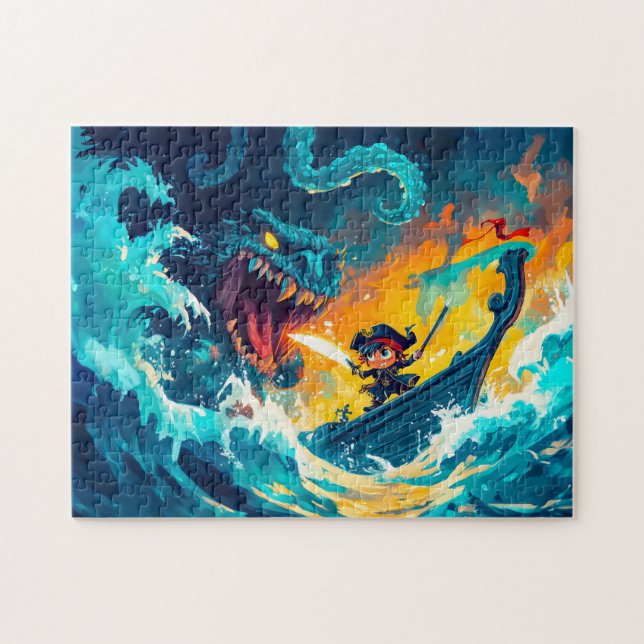Quebra-cabeça Pequeno Pirata Lutando Contra um Monstro Marinho e (Horizontal)