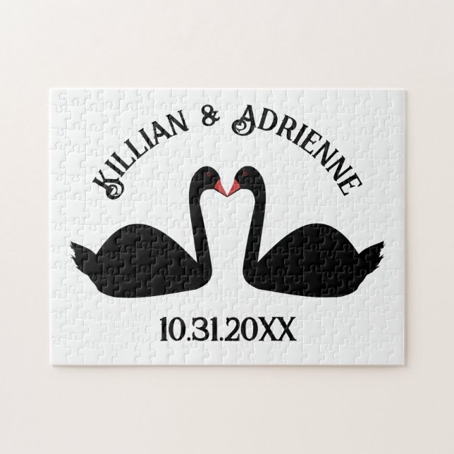Quebra-cabeça Personalização de Swans Negros Beijando Casamento  (Horizontal)