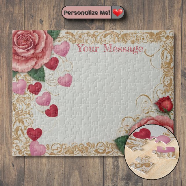 Quebra-cabeça Personalize seu Coração e Rosa (Customizable Heart and Rose Jigsaw Puzzle)