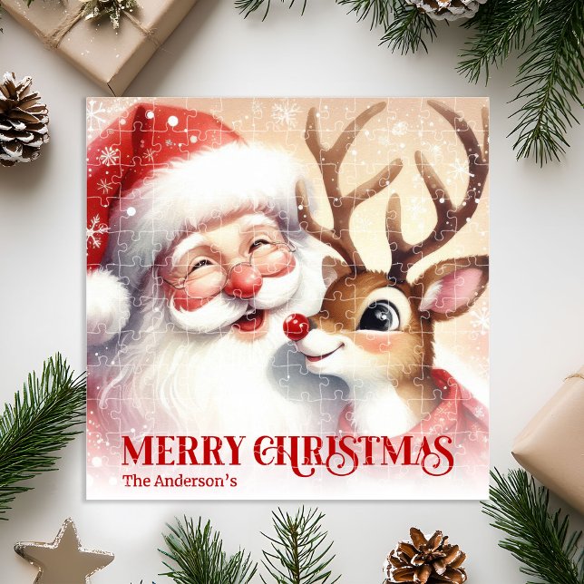 Quebra-cabeça Personalized Santa Rudolph Snowy Christmas Puzzle (Personalized Santa Rudolph Snowy Christmas Puzzle)