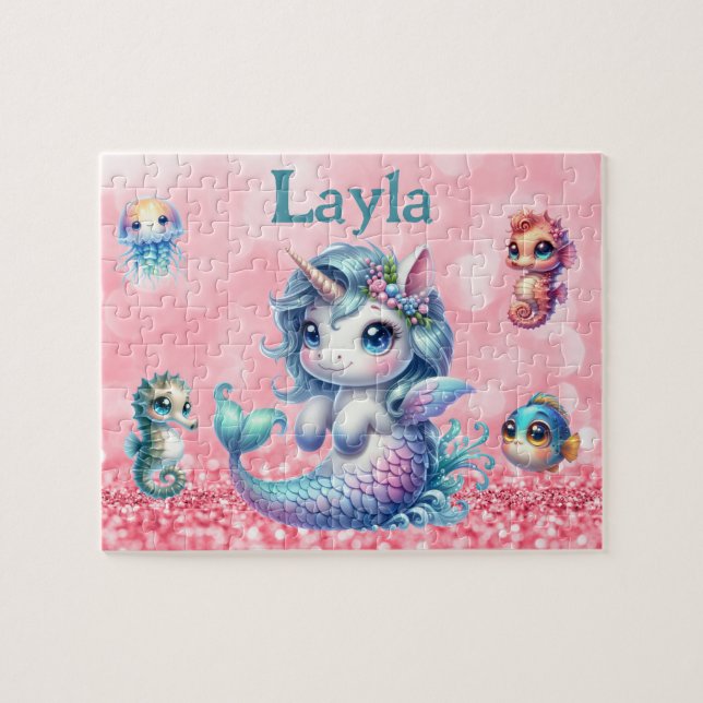 Quebra-cabeça Personalized Unicorn Mermaid Child Name Puzzle  (Horizontal)