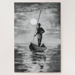 Quebra-cabeça Pescador No Barco Ao Sol - Branco Negro