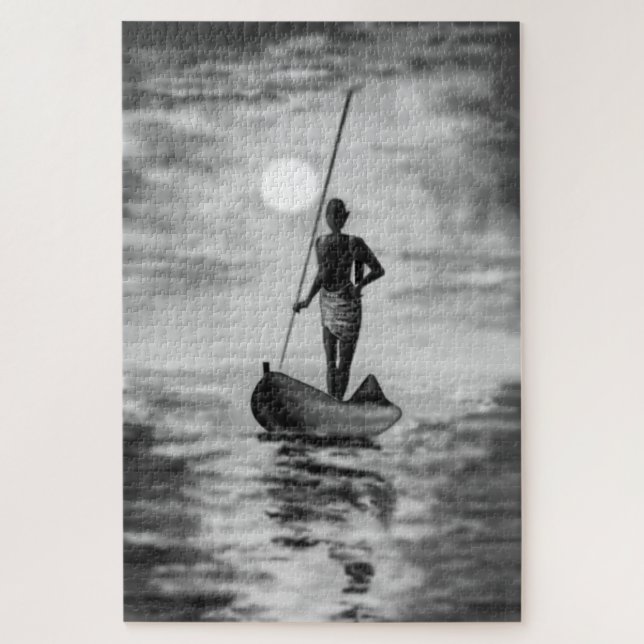 Quebra-cabeça Pescador No Barco Ao Sol - Branco Negro (Vertical)