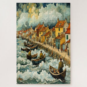 Quebra-cabeça Pescadores de barcos ao estilo Van Gogh, em Stormy