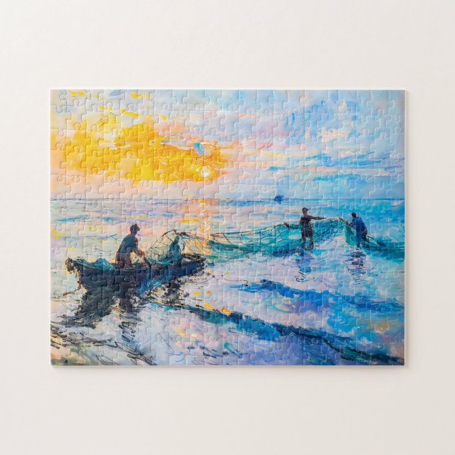 Quebra-cabeça Pescadores na cena costeira impressionista sunset (Horizontal)