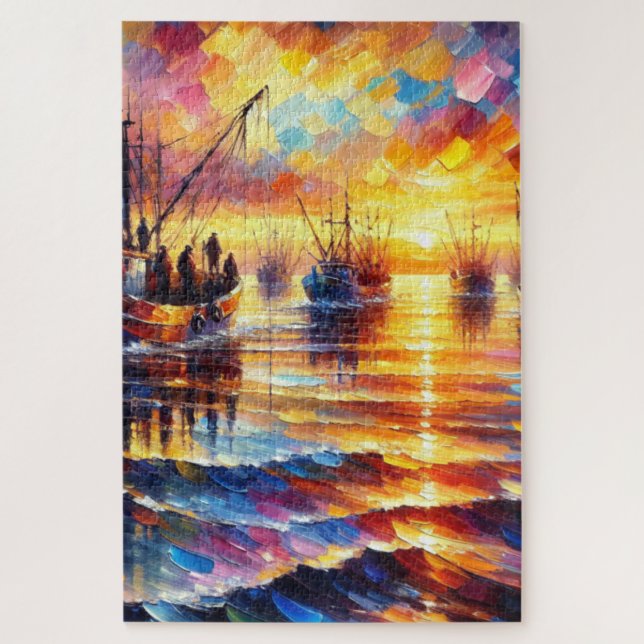 Quebra-cabeça Pescadores recuperam ao nascer do sol. (Vertical)