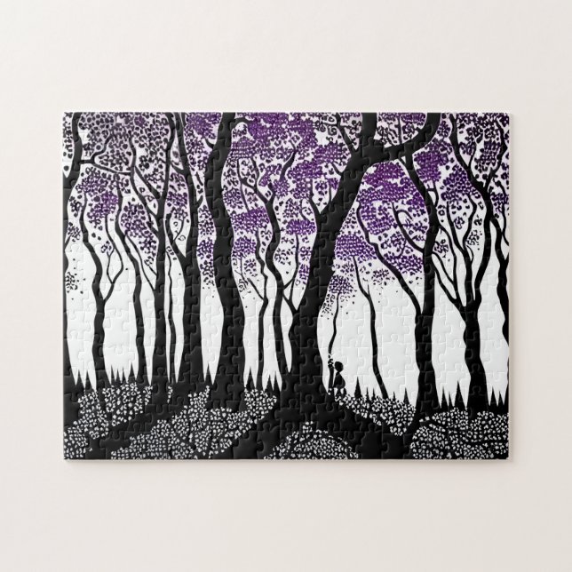 Quebra-cabeça Pessoa Oculta em uma Floresta com Folhas Roxas (Horizontal)