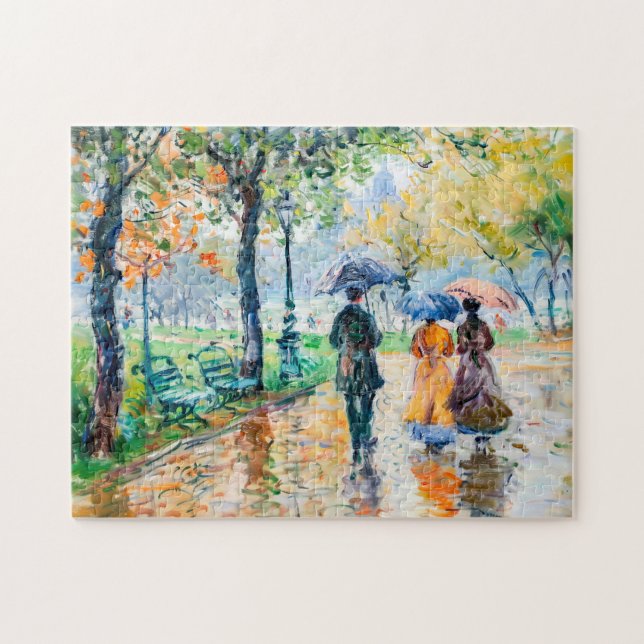 Quebra-cabeça Pessoas com guarda-chuvas no parque (Horizontal)