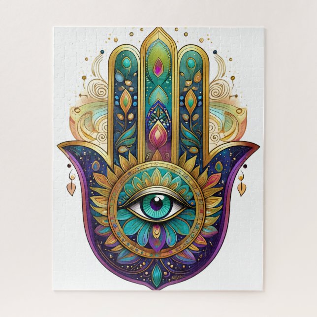 Quebra-cabeça Pétalas Violetas Douradas Verde Hamsa Turquesa Ter (Vertical)