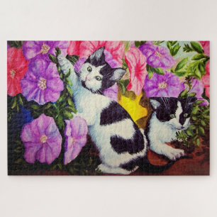 Quebra-cabeça Petunias e gatinhos/gatos em flores de jardim brin
