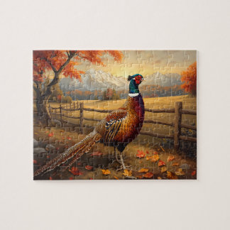 Quebra-cabeça Pheasant Bird Autumn Mountain Sunset Painting