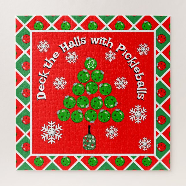 Quebra-cabeça Pickleball Christmas Tree Deck the Halls Red Green (Vertical)