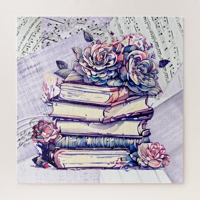 Quebra-cabeça Pilha de Livros Antigos e Rosas (Vertical)