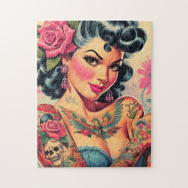 Quebra-cabeça Pin-up de Cuta Retro Tatuado (Vertical)