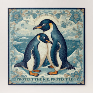 Quebra-cabeça Pinguim Art Déco Casal de Pássaros de Gelo Floral