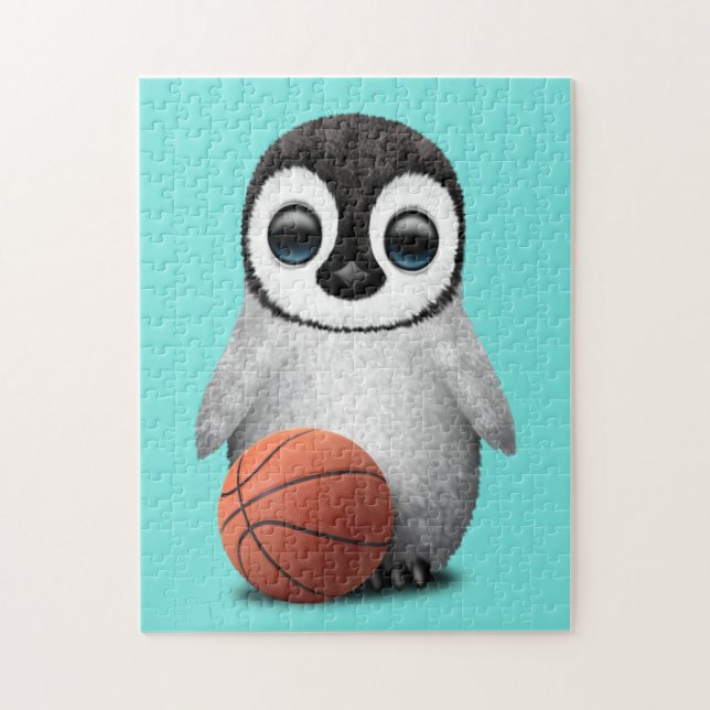 Quebra-cabeça Pinguim bonito do bebê que joga com basquetebol (Vertical)