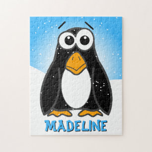Quebra-cabeça Pinguim bonito na neve com nome de criança engra