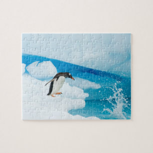 Quebra-cabeça pinguim-de-gentoo, Pygoscelis Papua, saltando