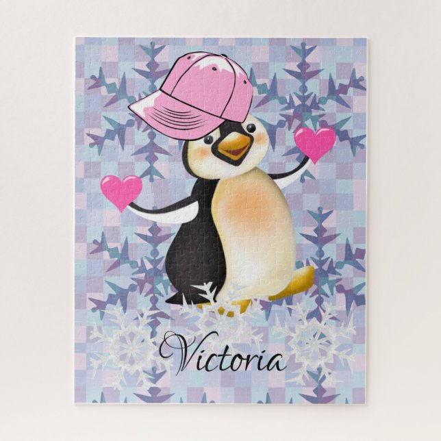 Quebra-cabeça Pinguim Rosa Corações Feliz Namorado (Vertical)