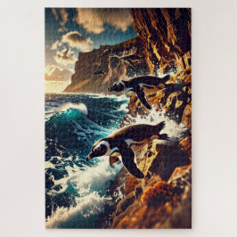 Quebra-cabeça Pinguins Abstratos Saltando - Mergulho Surrealista