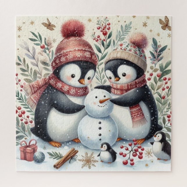 Quebra-cabeça Pinguins Construindo Um Homem De Neve (Vertical)