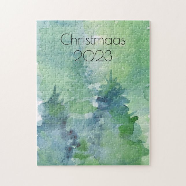 Quebra-cabeça Pinheiros com Aquarela de Natal Verde Azul (Vertical)